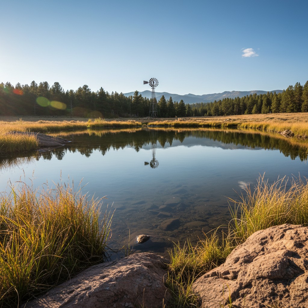 A serene landscape featuring a water source, trees, field, rocks, and a windmill under a clear blue sky.
